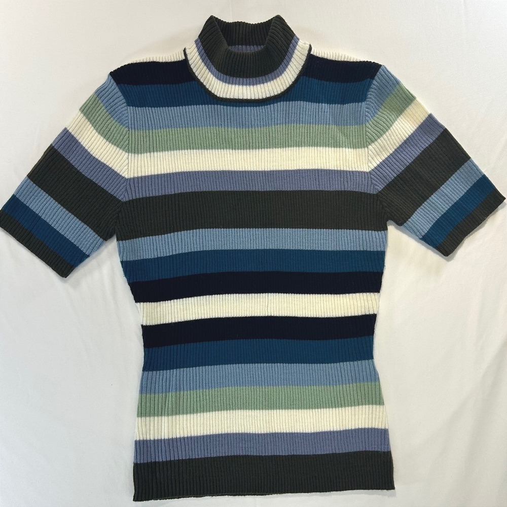 Vintage Y2K Unionbay Grunge Striped Mock Neck Sweater Top M Blue Indie Sleaze